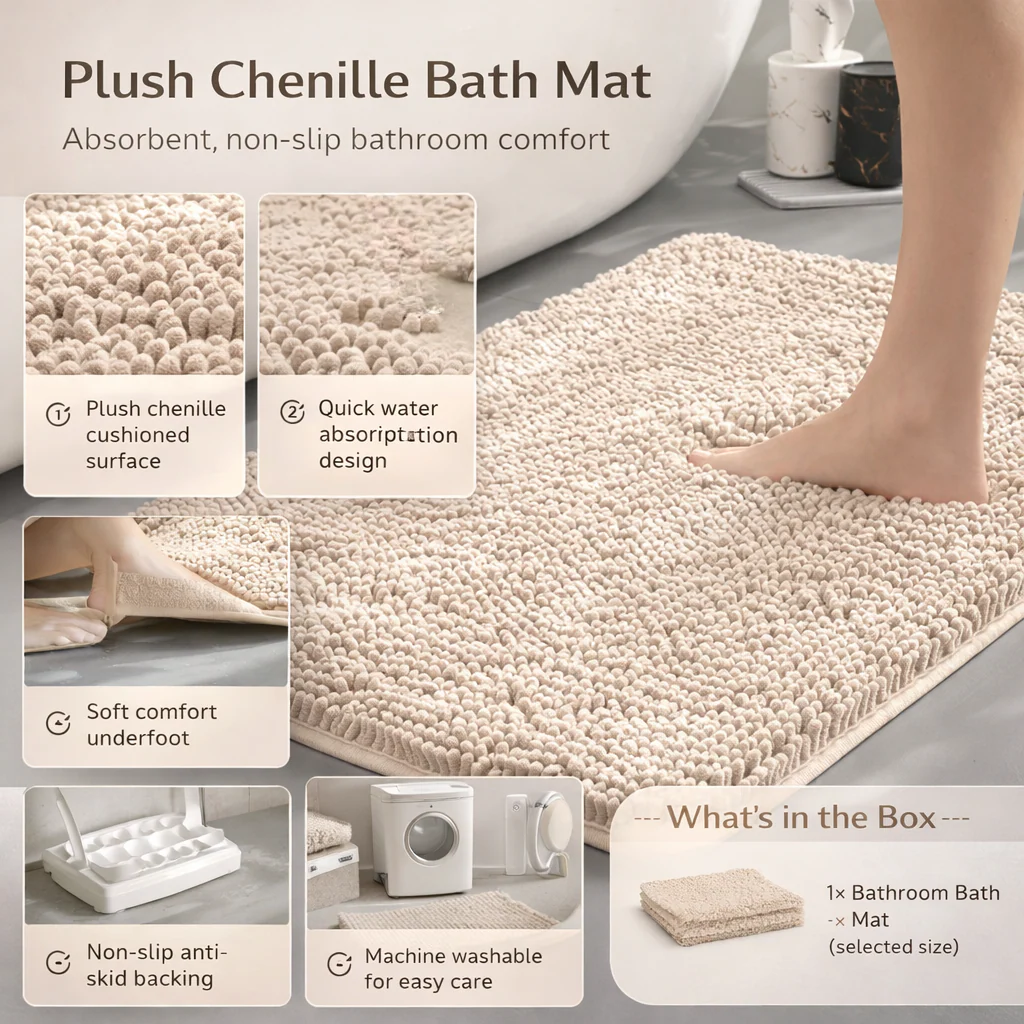 Bath Mat Non Slip Plush Chenille Absorbent Bathroom Rug - Image 4