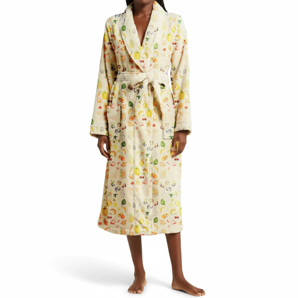 Bathrobe Floral Print Flannel Shawl Collar Tie Waist Robe