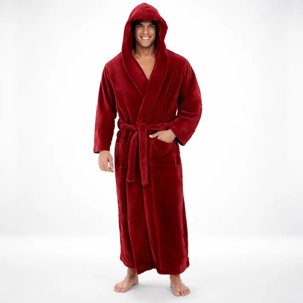 Bathrobe Hooded Mens Plush Long Robe Warm Winter Lounge Wear - Image 4