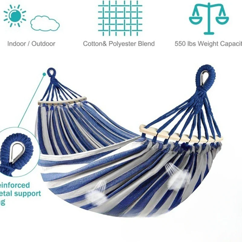 Canvas Double Hammock | Anti-Roll Swing Bed with Wooden Spreaders for Camping & Outdoors - Image 3