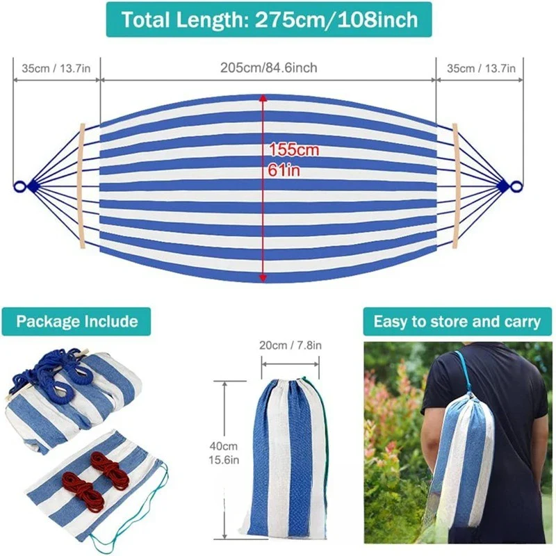 Canvas Double Hammock | Anti-Roll Swing Bed with Wooden Spreaders for Camping & Outdoors - Image 4