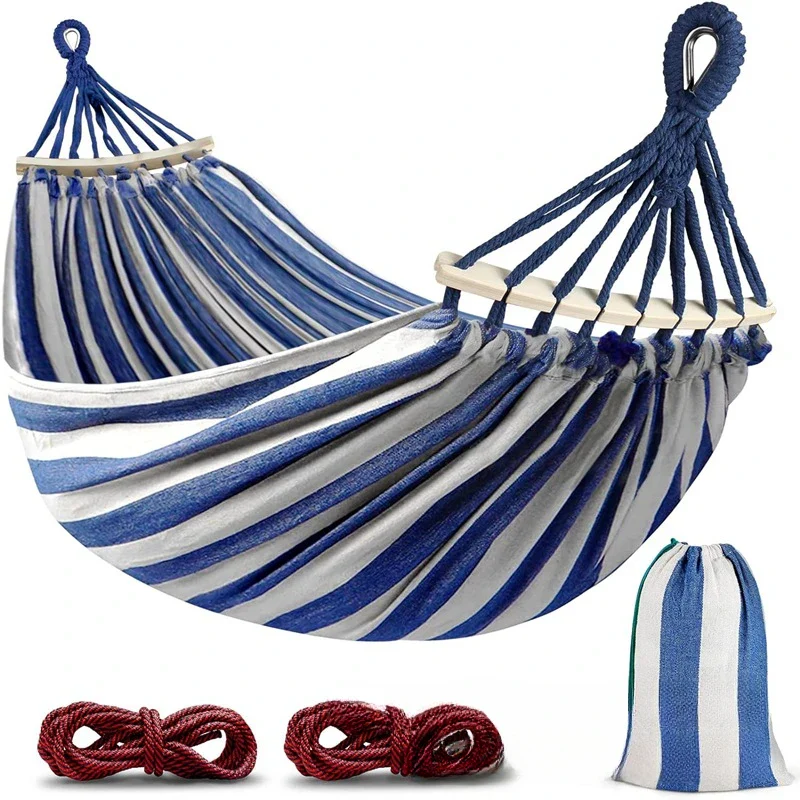 Canvas Double Hammock | Anti-Roll Swing Bed with Wooden Spreaders for Camping & Outdoors - Image 6