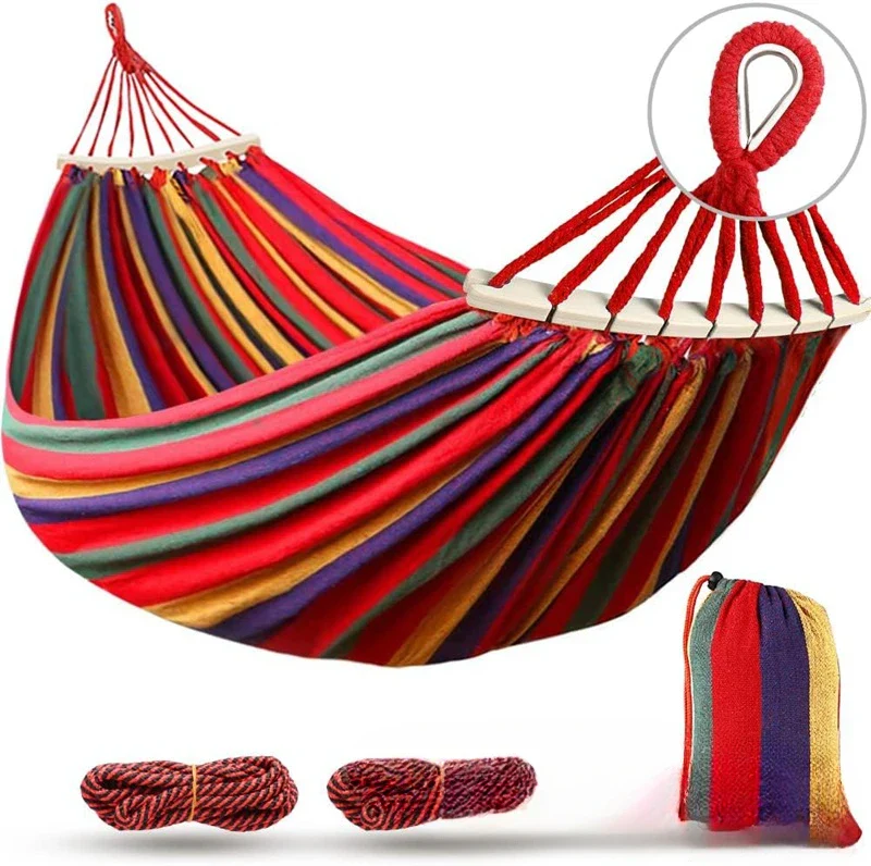 Canvas Double Hammock | Anti-Roll Swing Bed with Wooden Spreaders for Camping & Outdoors - Image 7