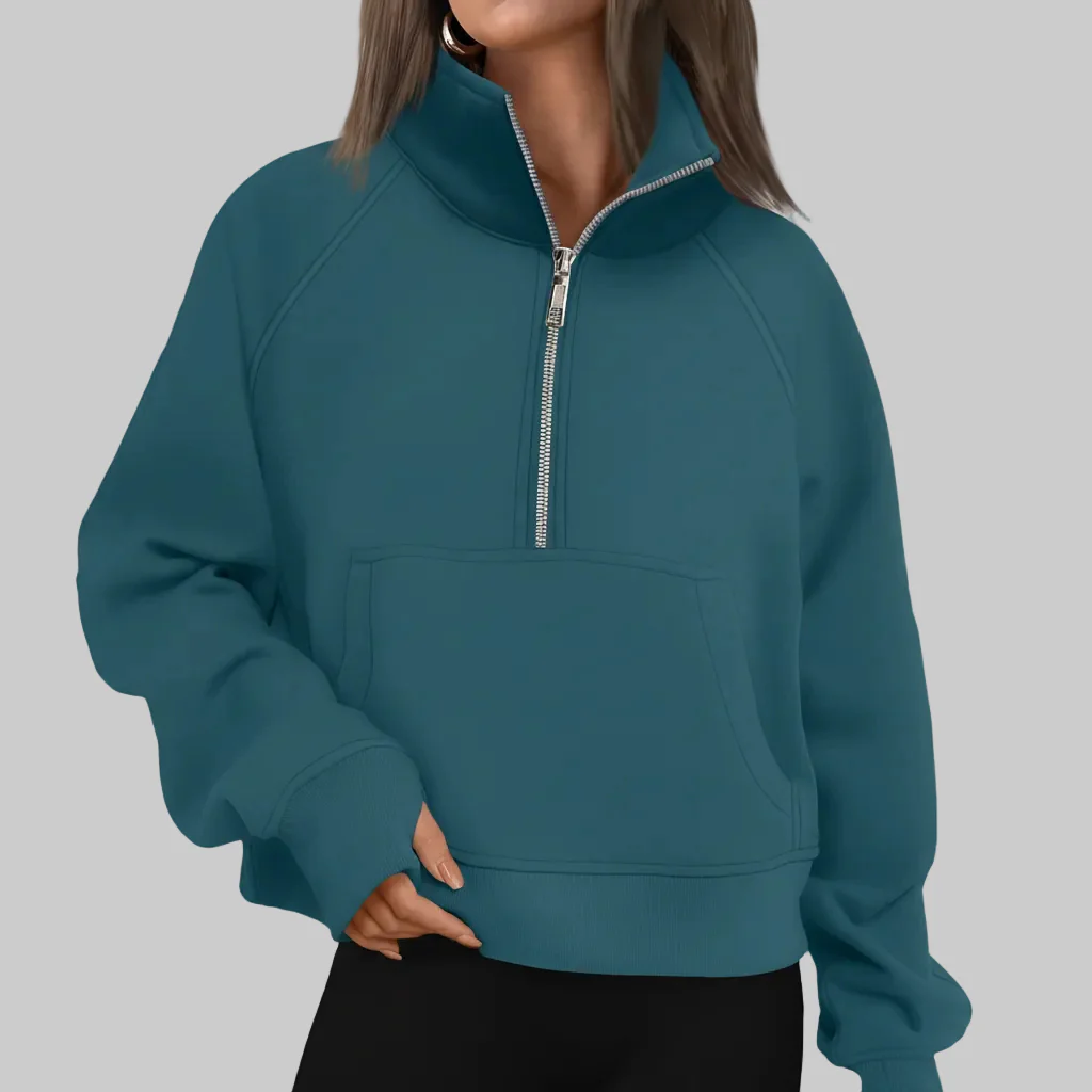 Cozy Sweatshirt Half Zip Fleece Cropped Pullover Women - Image 7