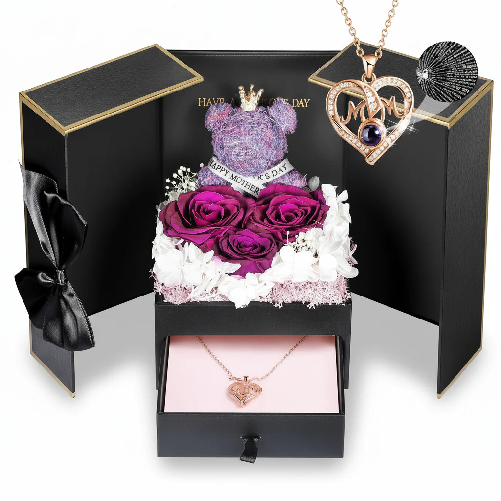 Gift Box Rose Preserved Heart Bear and Hidden Necklace - Image 10