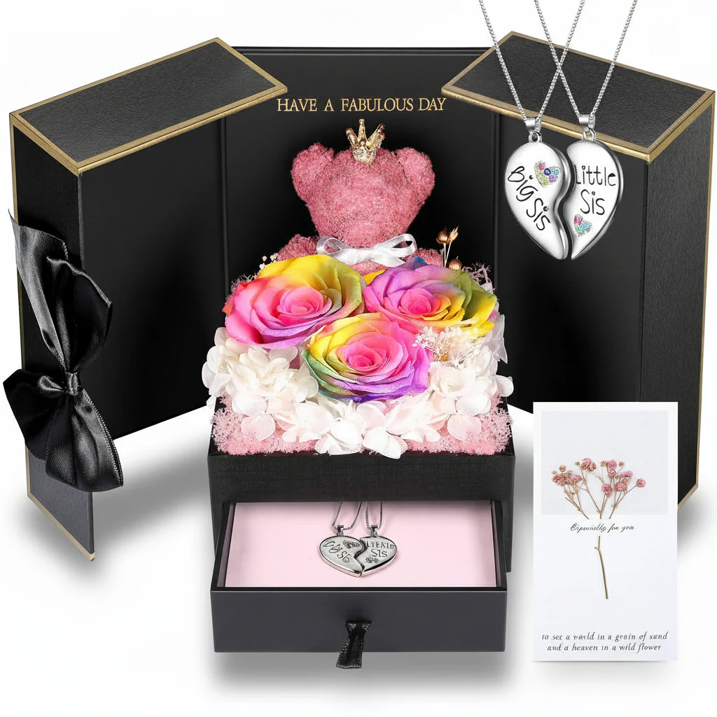 Gift Box Rose Preserved Heart Bear and Hidden Necklace - Image 16