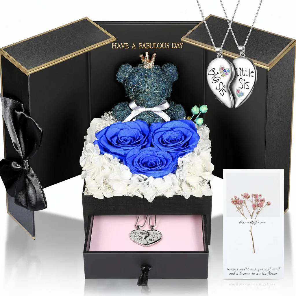Gift Box Rose Preserved Heart Bear and Hidden Necklace - Image 5
