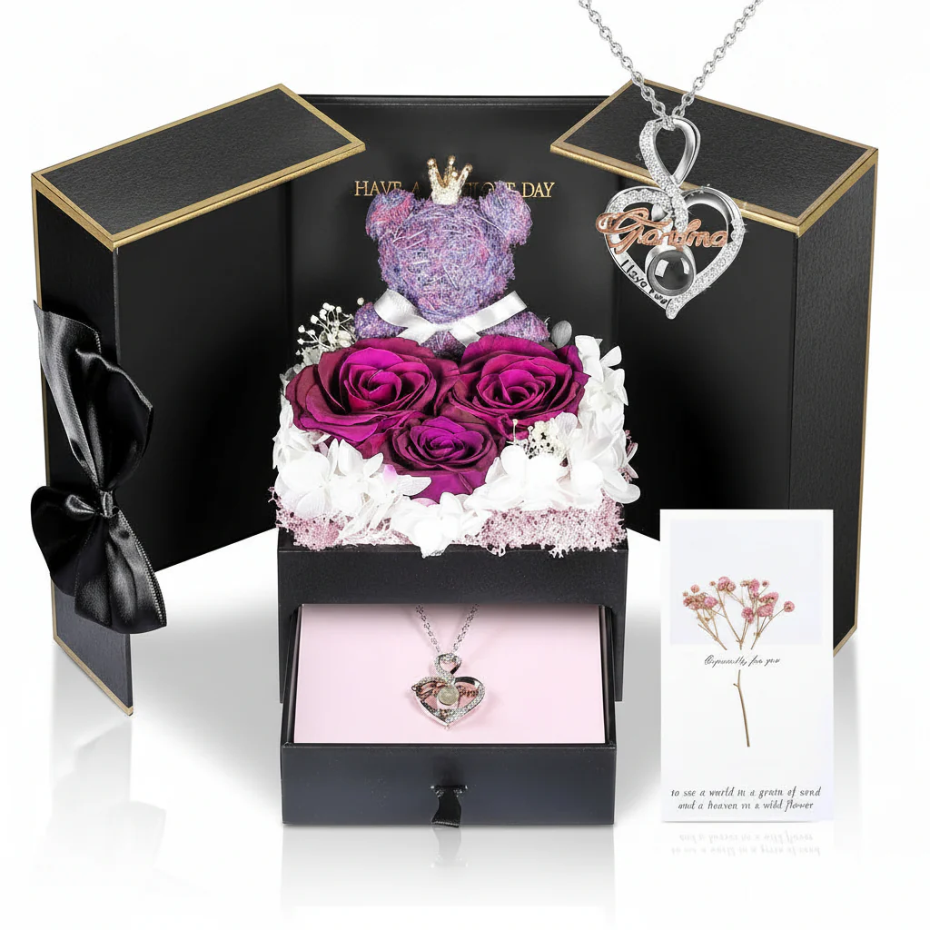 Gift Box Rose Preserved Heart Bear and Hidden Necklace - Image 7