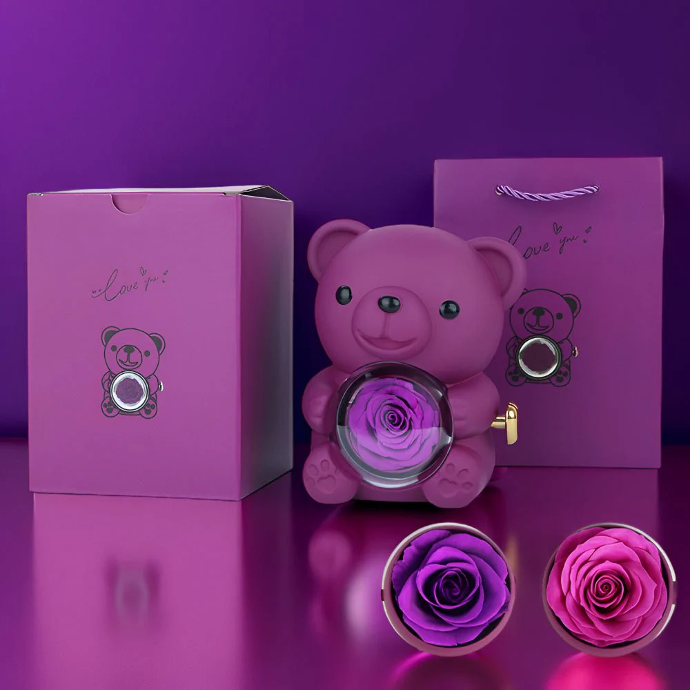 Gift Box Teddy Bear Preserved Rose Jewelry Display - Image 3