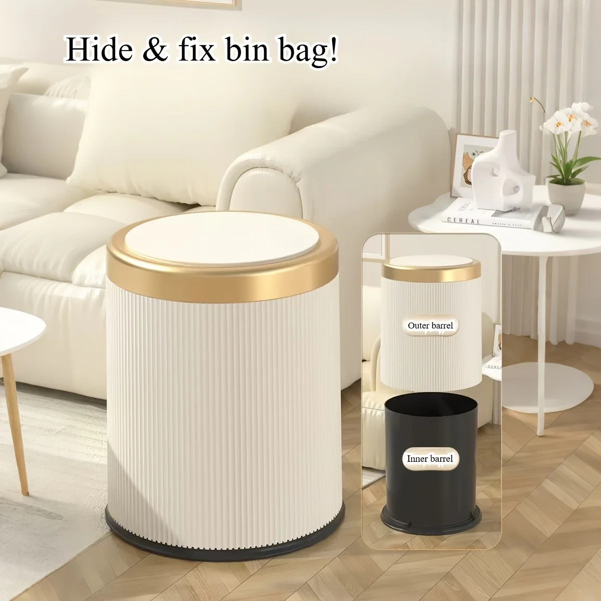 Luxury Oval Trash Can | Press-Top Waste Bin with Dual Inner Bucket - Image 9