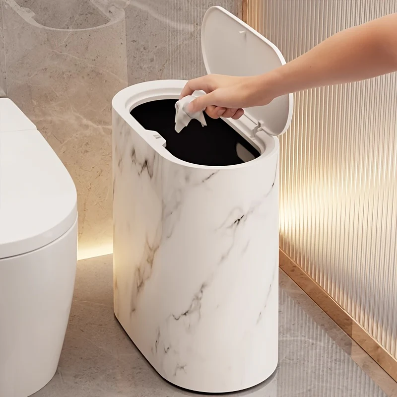 Marble Pattern Trash Can | Modern Bathroom & Kitchen Bin with Lid - Image 3
