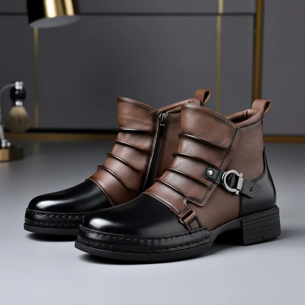 Men Ankle Boots Leather Buckle Side Zip Casual Dress Shoes - Image 2