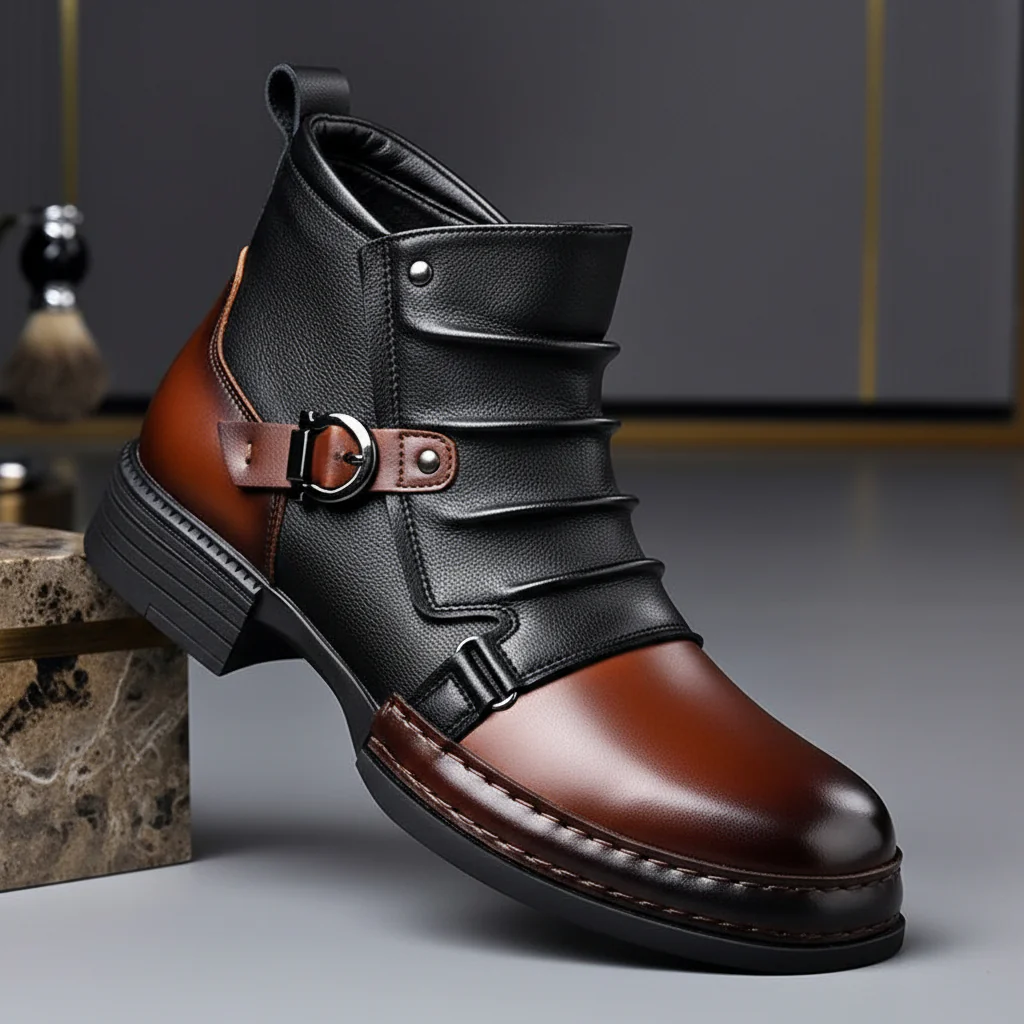 Men Ankle Boots Leather Buckle Side Zip Casual Dress Shoes - Image 3