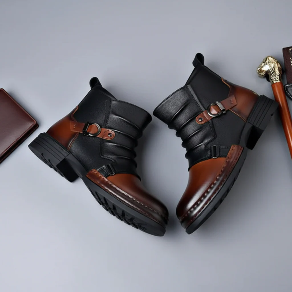 Men Ankle Boots Leather Buckle Side Zip Casual Dress Shoes - Image 4