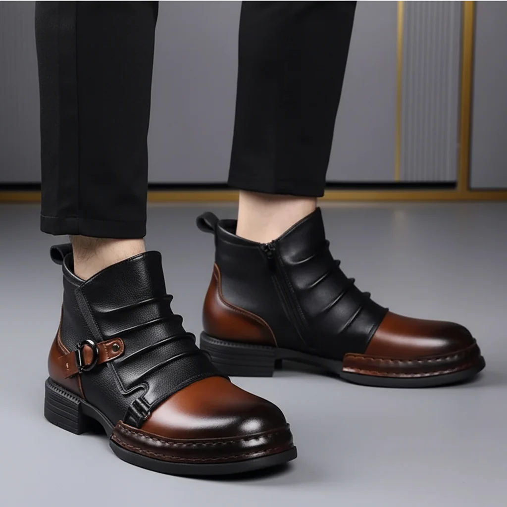 Men Ankle Boots Leather Buckle Side Zip Casual Dress Shoes - Image 5