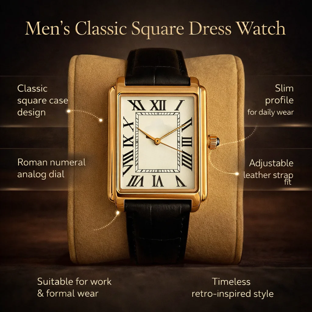 Men's Classic Dress Watch Square Analog Retro Style - Image 4