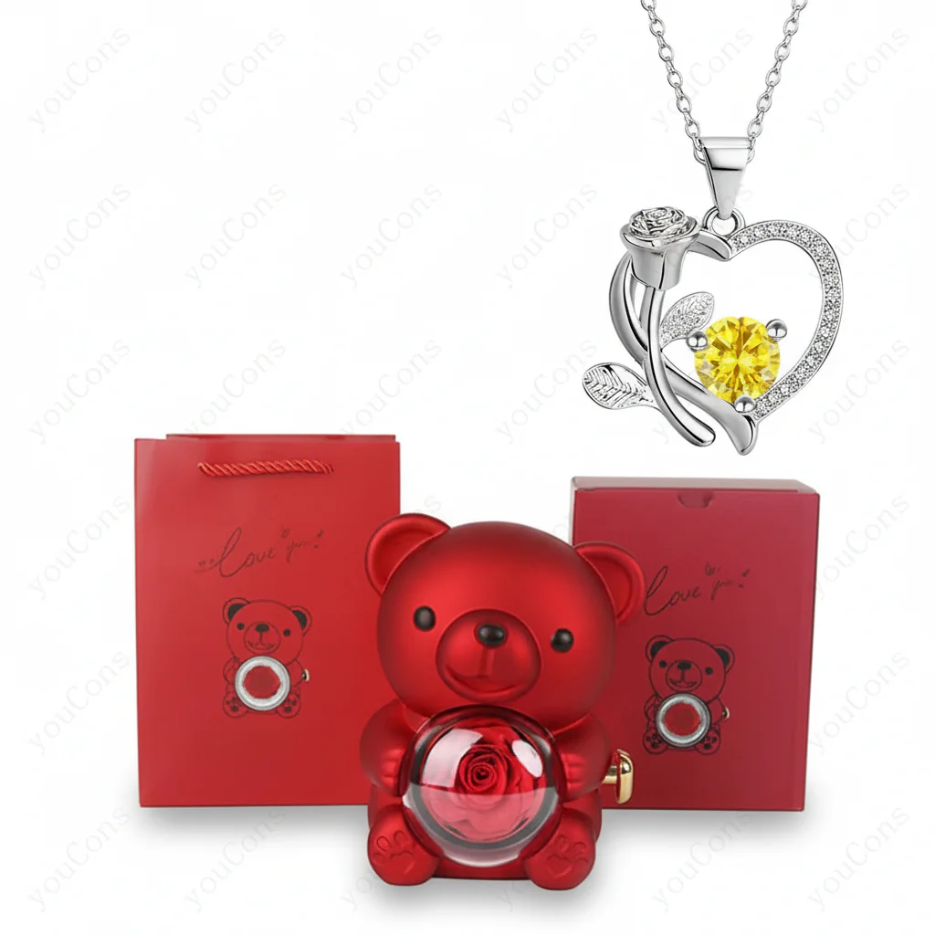 Necklace Heart Pendant Zircon Bear Rose Gift Box Women - Image 4
