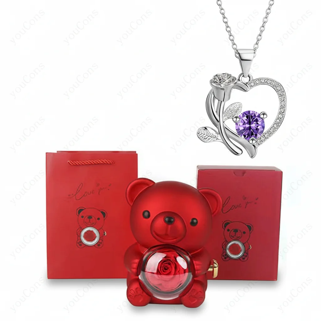 Necklace Heart Pendant Zircon Bear Rose Gift Box Women - Image 6