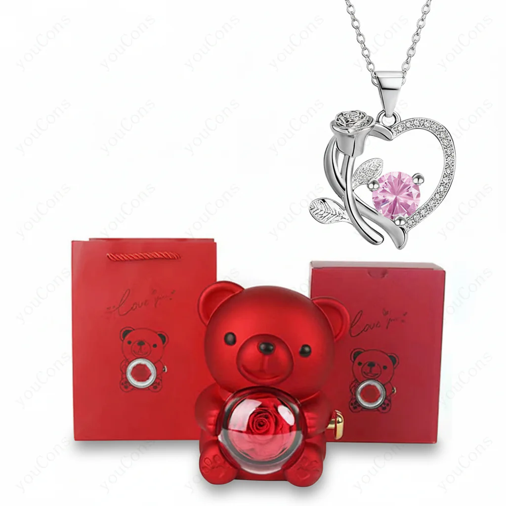 Necklace Heart Pendant Zircon Bear Rose Gift Box Women - Image 7