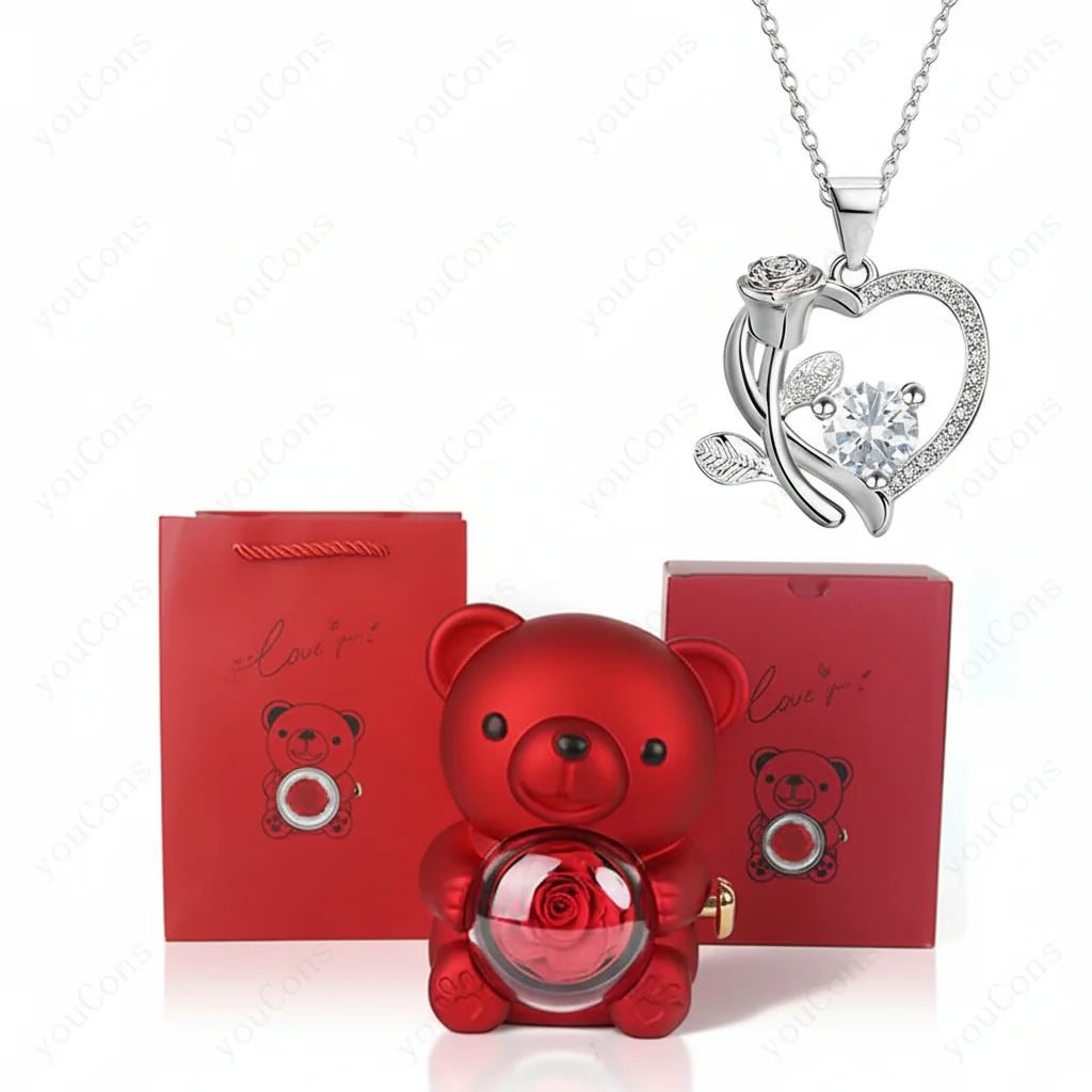 Necklace Heart Pendant Zircon Bear Rose Gift Box Women - Image 8