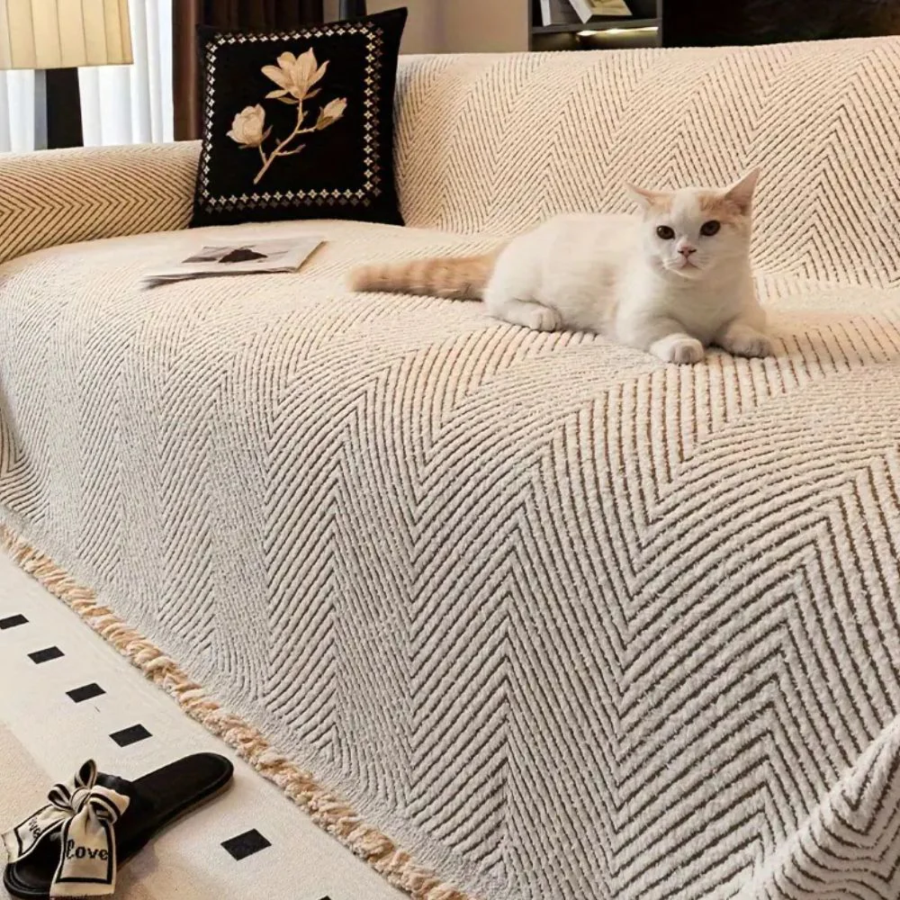 Sofa Cover Herringbone Stripe Non Slip Microfiber Couch Protector - Image 5