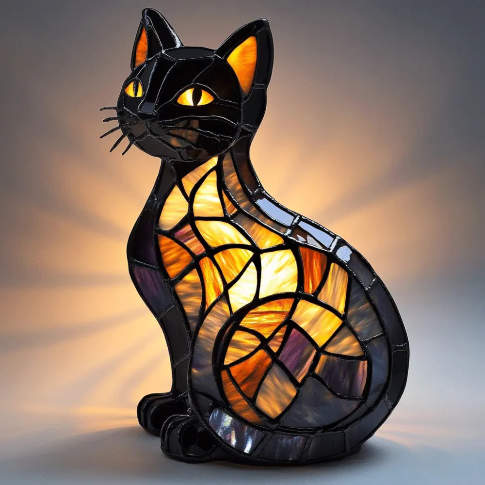Table Lamp Cat Stained Glass Style Night Light - Image 3