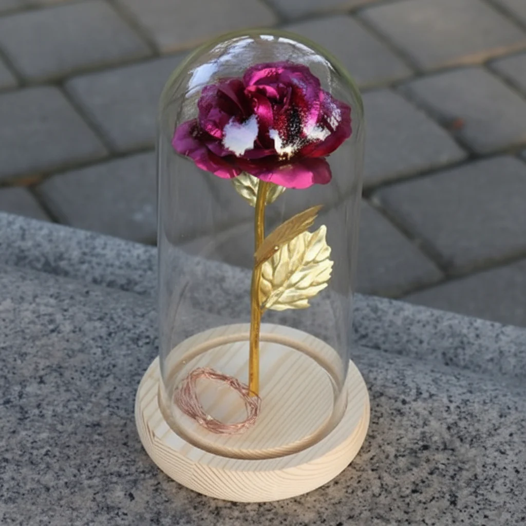 Table Lamp Glass Dome Rose Led Lights Wooden Base - Image 4