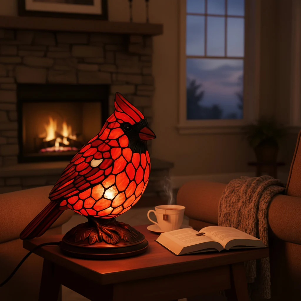 Table Lamp Red Cardinal Bird USB Powered Art Glass Lighting - Image 5