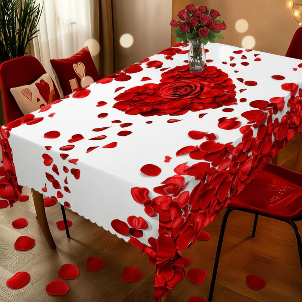 Tablecloth Rose Petal Heart Romantic Polyester Dining Table Cover - Image 2
