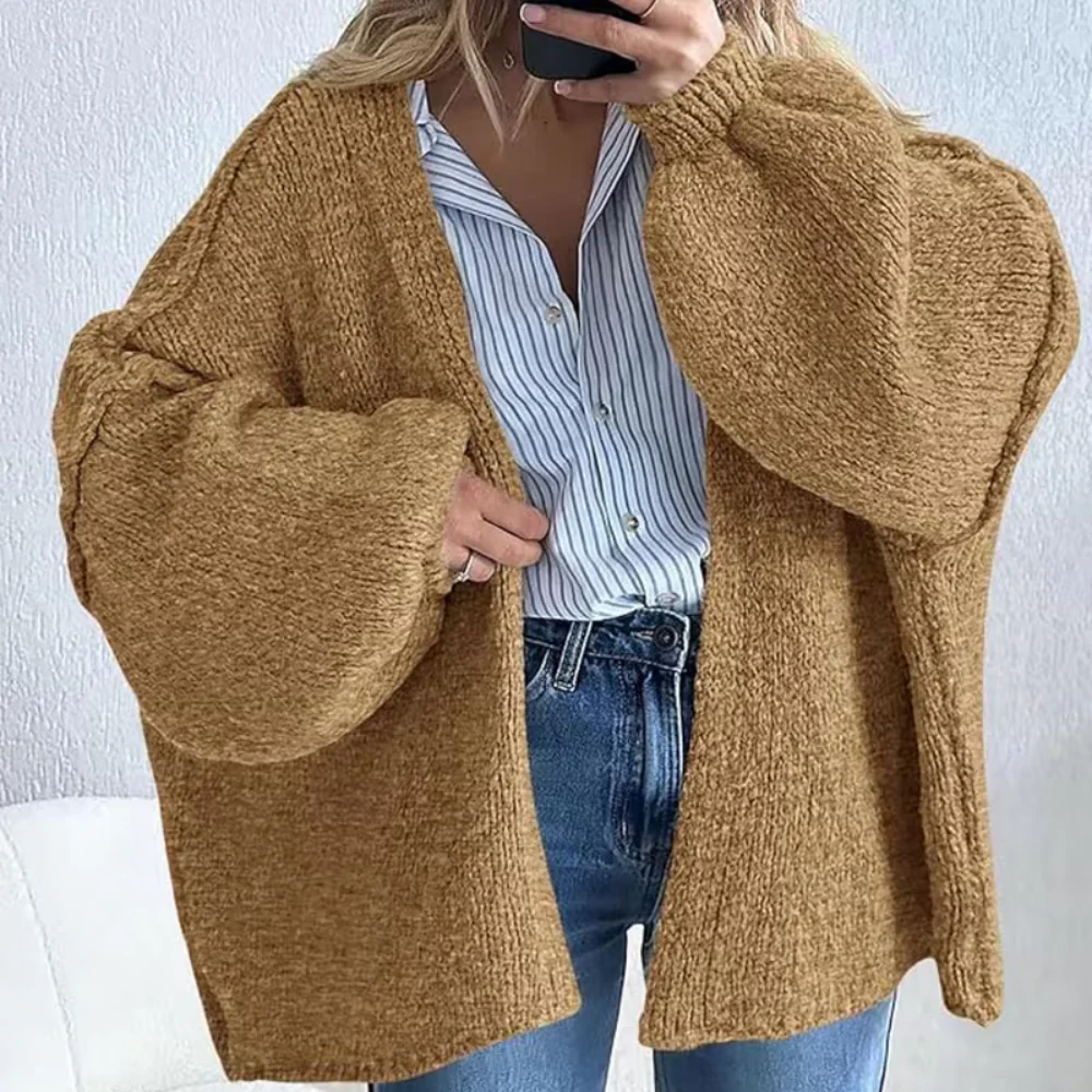 Women Cardigan Oversized Open Front Lantern Sleeve Sweater - Image 7