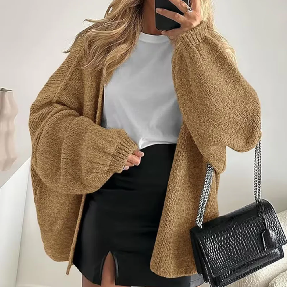 Women Cardigan Oversized Open Front Lantern Sleeve Sweater - Image 8